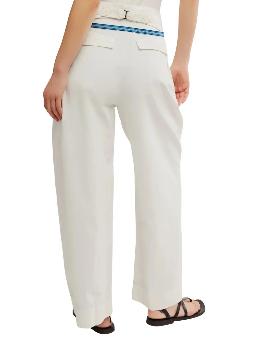 Free People White Wide-Leg Crop Pants with Blue Stripe Tie Belt